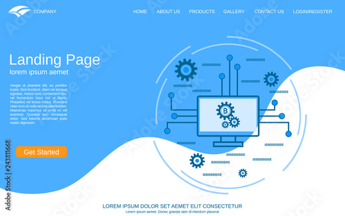 Website landing page vector template. Abstract geometric style background with cryptocurrency mining flat vector concept illustration