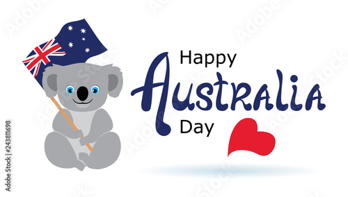 Happy Australia day lettering. Greeting card with cute Koala bear holding Australian flag. Vector image.