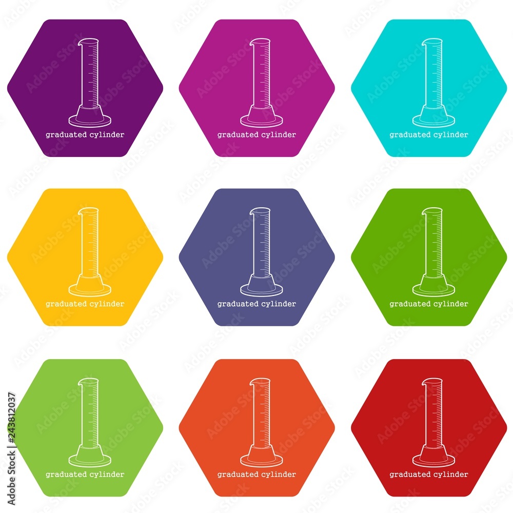 Graduated cylinder icons 9 set coloful isolated on white for web Graduated cylinder icons 9 set coloful isolated on white for web