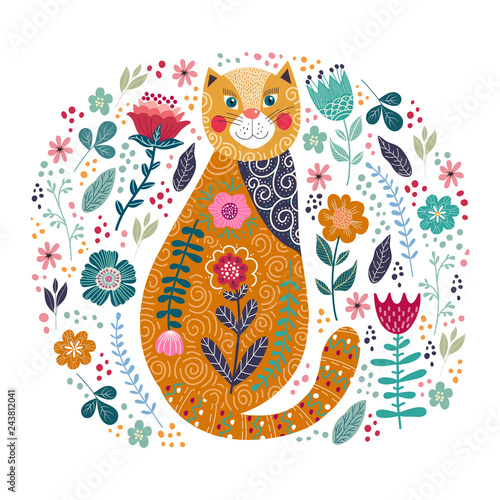 Fototapeta Sztuka wektor ilustracja kolorowy ładny kot i kwiaty na białym tle. Grafika do dekoracji Twojego wnętrza i do wykorzystania w Twoim projekcie