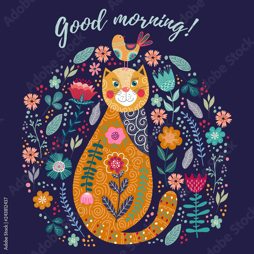 Fototapeta Naklejka Na Ścianę i Meble -  Good morning. Art vector colorful illustration with cute cat, bird and flowers. Artwork for decoration your interior and for use in your design