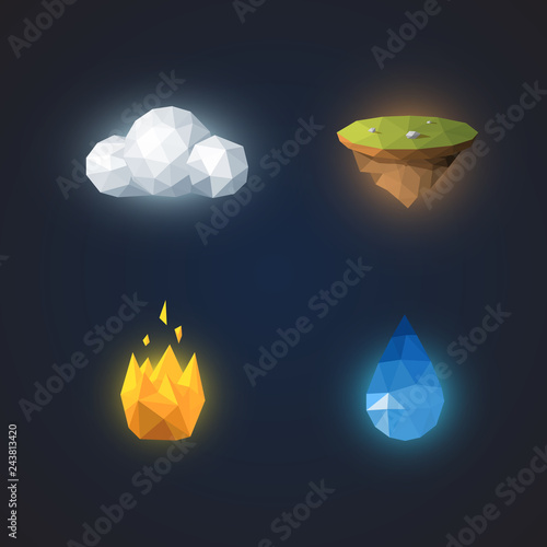 Four elements in low polygonal style, vector icon set
