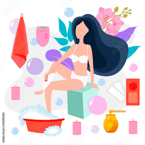 Vector illustration of beautiful woman towel shaves her legs with a safety razor. Icons of epilator, shaving machine, wax strips and depilation cream.