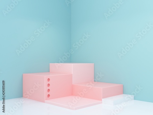 Scene with geometrical forms in pastel colors. Pink boxes podium with marble details. Minimal blue corner background. 3d render. © Mamba Azul