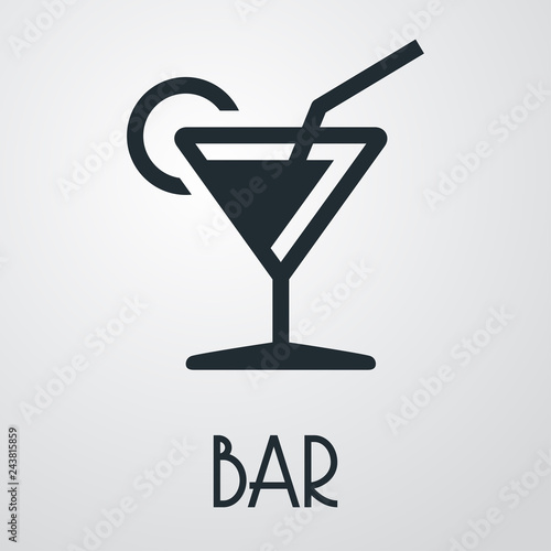 Logotipo con texto BAR con copa de cocktail en fondo gris