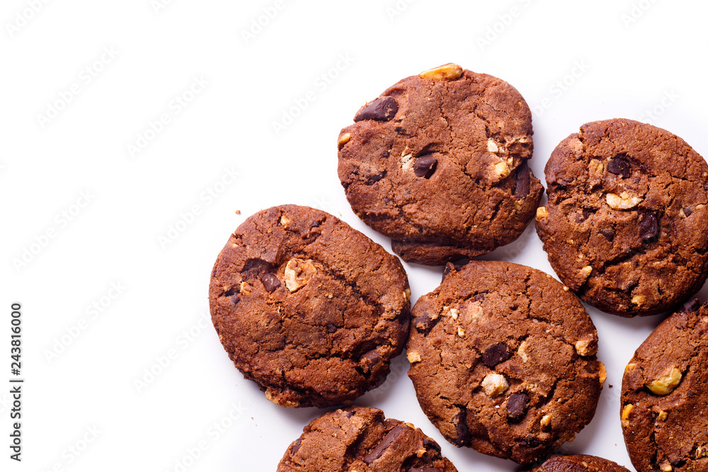 Overhead closeup image of chocolate cookies on white background with copy space Overhead closeup image of chocolate cookies on white background with copy space