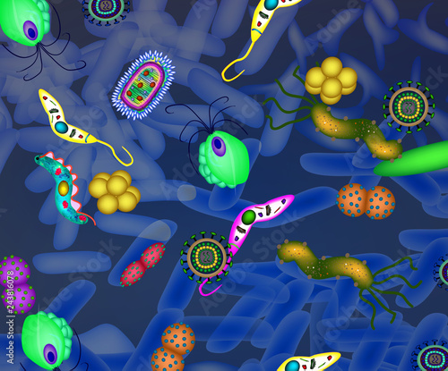 Pathogenic microflora in the intestine background. Dysbacteriosis. Dysbiosis. Killed good bacterium flora. Infographics. Vector illustration.