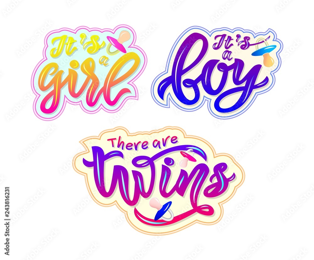 Set of stickers with text its a boy, girl, there are twins