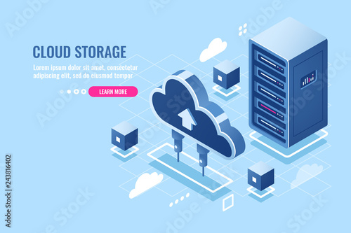 Technology of cloud data storage, server room rack, database and data center isometric icon, abstract concept, download and upload file in internet repository, flat vector