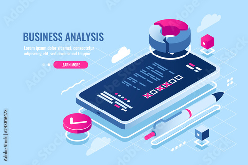 Online organizer on mobile phone application, checklist on screen of smartphone, task list, data statistics and analytical, cloud data storage, remote business control, electron report vector