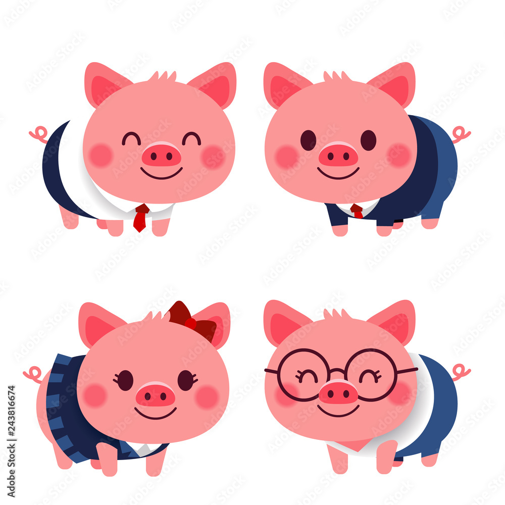 Vector set of cute pig characters in different costume isolated on white background Vector set of cute pig characters in different costume isolated on white background