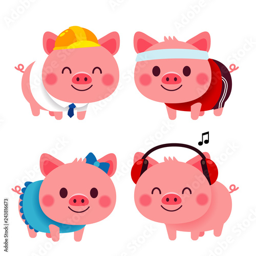 Vector set of cute pig characters in different costume isolated on white background