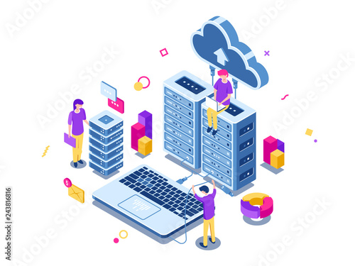 Big data center, server room rack, engineering process, teamwork, computer technology, cloud storage, command work, isometric people vector