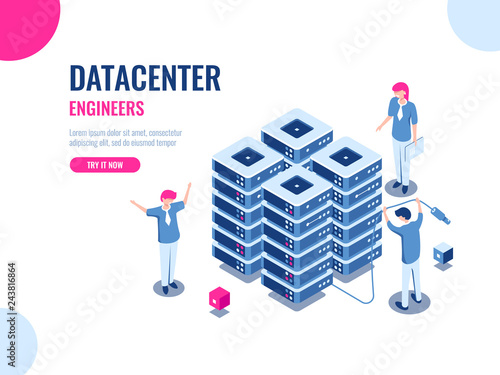 Server room rack, database and data center, cloud storage, blockchain technology, engineer, teamwork cartoon isometric people vector