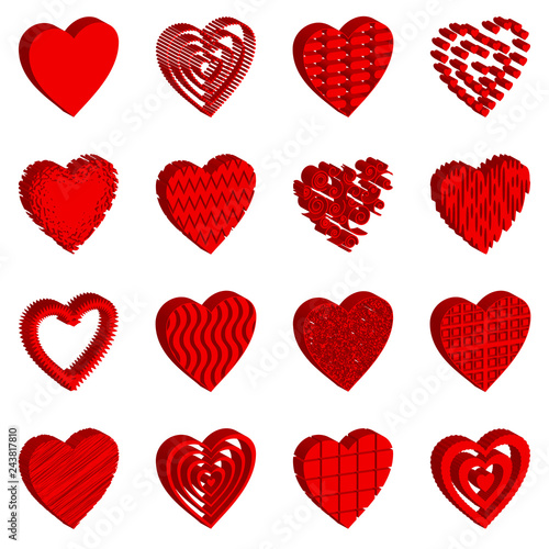 Set of Valentine Hearts, Holiday Love Symbol Icons with Patterns. Vector