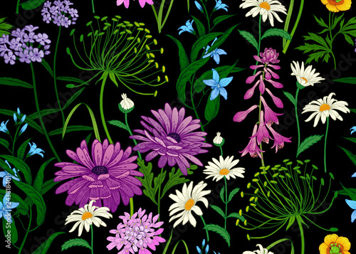 Seamless summer pattern with wild flowers on black background