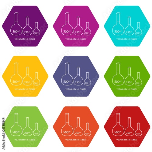 volumetric flask icons 9 set coloful isolated on white for web