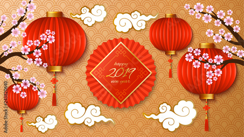 Happy Chinese new year 2019 year of the pig. Background with chinese folding paper decoration, lanterns and flowering sakura tree. Vector