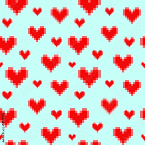 Fashion wallpaper for Valentine’s day with geometric red hearts print on mint color background