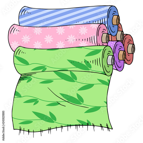 Set roll of paper, cloth hand drawn. Vector illustration of a roll of cloth. Paper roll, roll of cloth with a blank space for text icon.