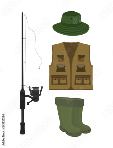 Vector fishing collection. Fish-rod, boots, waders, vest and hat