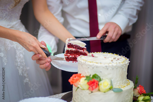 The groom and the bride instead of cut wedding cake, a close up