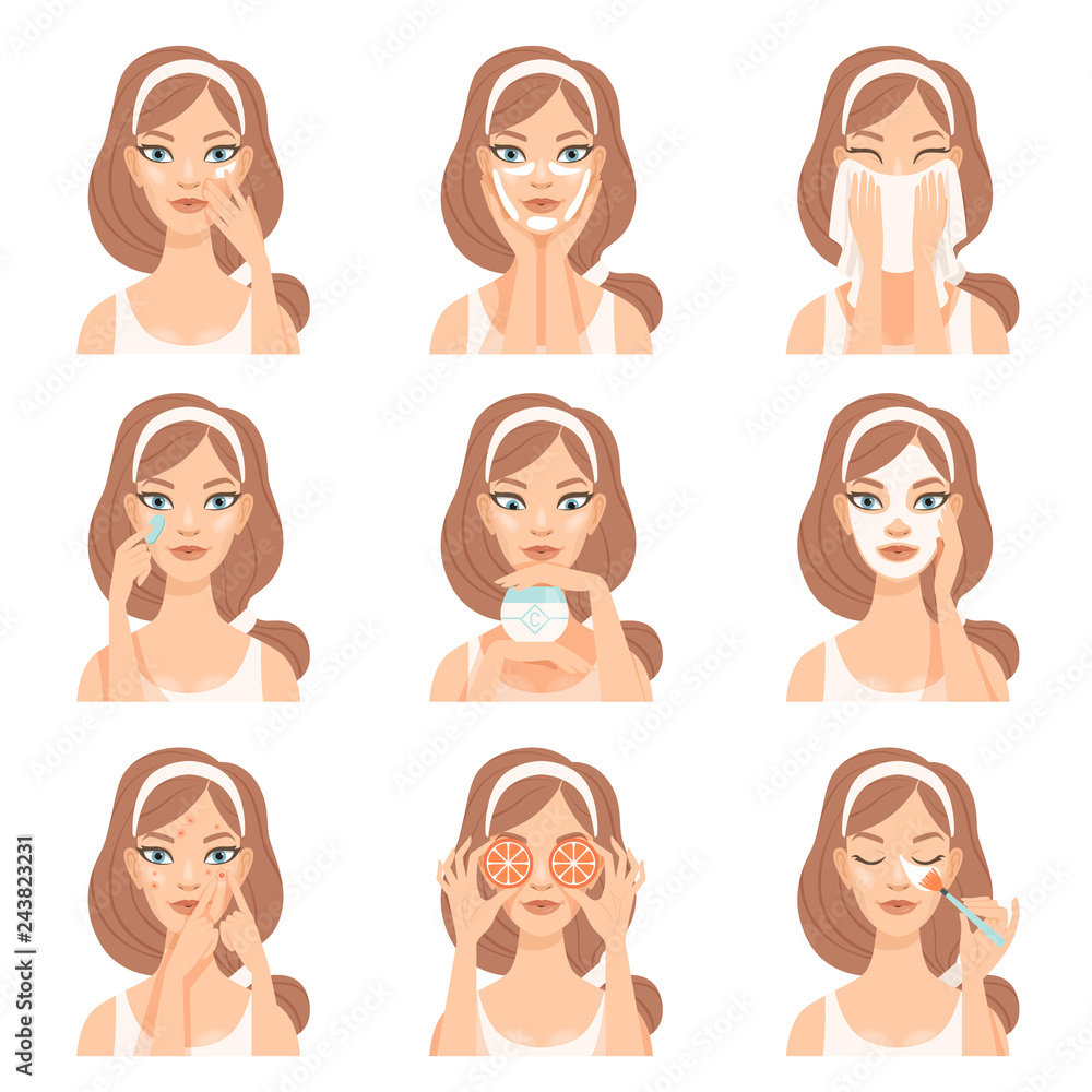 Attractive young woman caring for her face with cosmetics, beauty routine steps, facial treatment procedures vector Illustration Attractive young woman caring for her face with cosmetics, beauty routine steps, facial treatment procedures vector Illustration