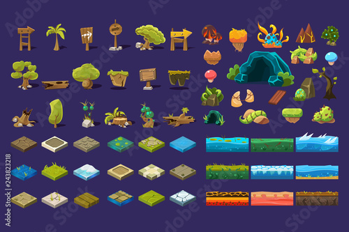 Collection of natural landscape elements, trees, wooden signs, stones, ground platforms, user interface assets for mobile apps or video games vector Illustration