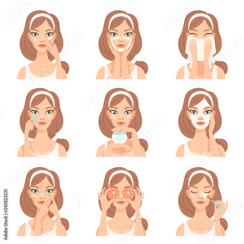 Attractive young woman caring for her face with cosmetics, beauty routine steps, facial treatment procedures vector Illustration