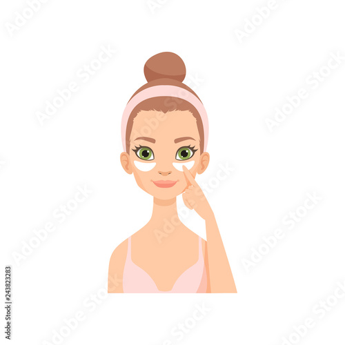 Attractive young woman applying white under eye patches, girl caring for her face, eye skin treatment procedure vector Illustration