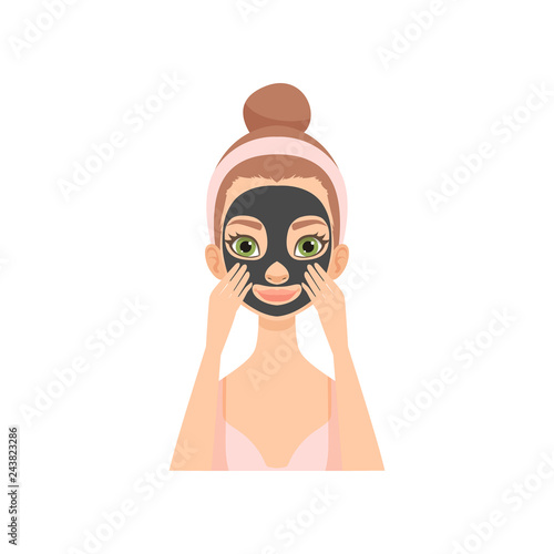 Young woman applying charcoal mask, girl caring for her face and skin, facial treatment procedure vector Illustration