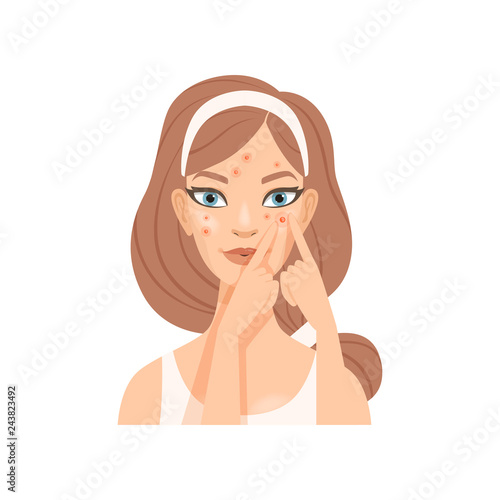 Attractive young woman squeezing out a pimple, girl with skin problems caring for her face, facial treatment procedure vector Illustration
