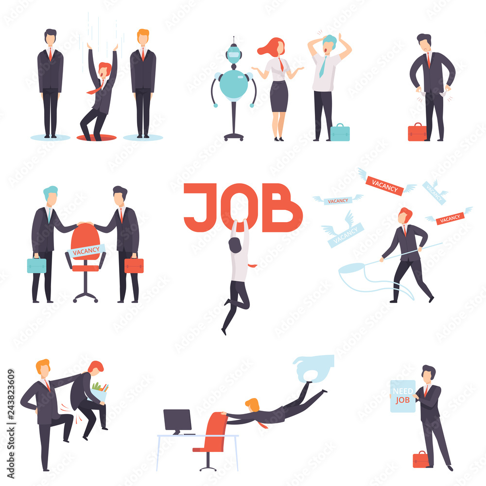 People searching and losing their jobs set, selection of candidates for vacancy, office workers fired from job, recruitment, hiring vector Illustration People searching and losing their jobs set, selection of candidates for vacancy, office workers fired from job, recruitment, hiring vector Illustration