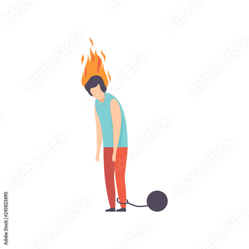 Exhausted man with shackles and burning brain, emotional burnout concept, stress, headache, depression, psychological problems vector Illustration