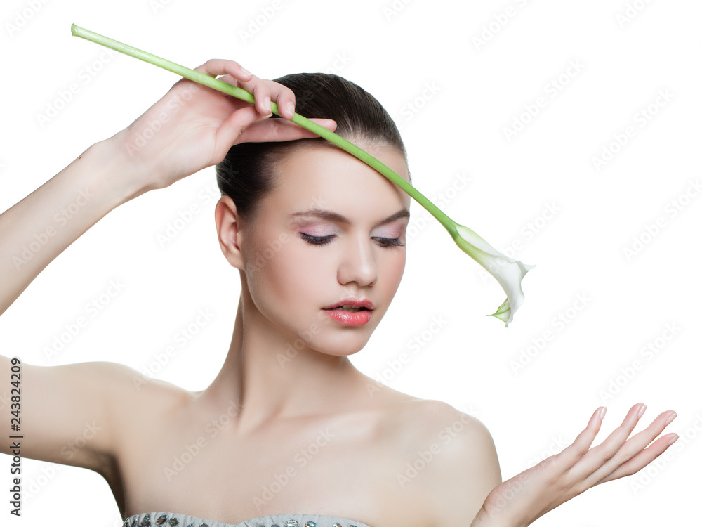 Fototapeta premium Healthy woman holding flower isolated on white background, spa portrait. Facial treatment, cosmetology, beauty, skin care and spa concept