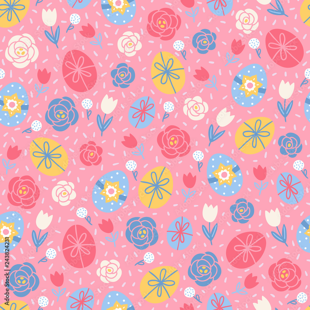 Easter seamless pattern with eggs, roses and tulips Easter seamless pattern with eggs, roses and tulips