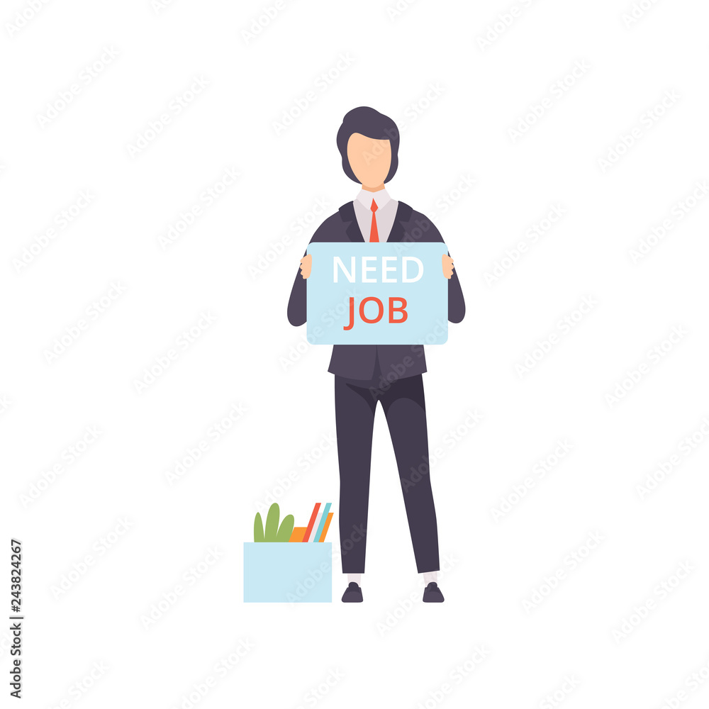 Business man holding placard with Need job lettering, unemployed male job seeker, office worker fired from job vector Illustration Business man holding placard with Need job lettering, unemployed male job seeker, office worker fired from job vector Illustration