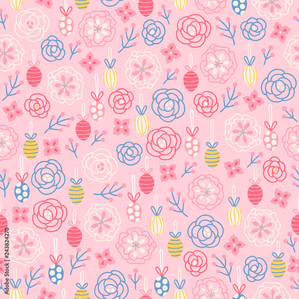 Easter seamless pattern with eggs, roses, berries and flowers Easter seamless pattern with eggs, roses, berries and flowers