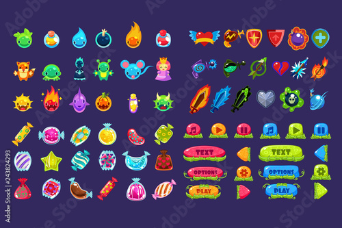 Collection of colorful user interface assets for mobile apps or video games, funny creatures, animals, sweets, weapon, buttons vector Illustration