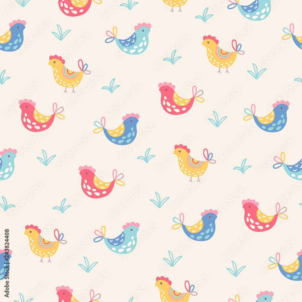 Fototapeta Easter seamless pattern with hens and grass