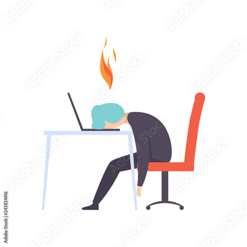 Overworked exhausted man sitting at his working place with computer in office, businessman with burning brain, emotional burnout concept