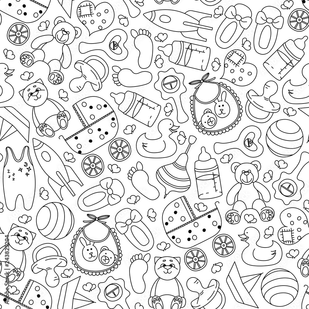 Hand-drawn pattern with children's toys and accessories. Black and white seamless pattern. Vector illustration.