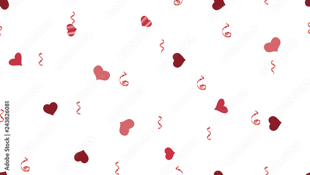 Scattered Red confetti. The foundation of packaging, textiles, wallpaper, banner, printing. Vector Seamless Pattern on a White fond. Festive Pattern of Hearts and Serpentine.
