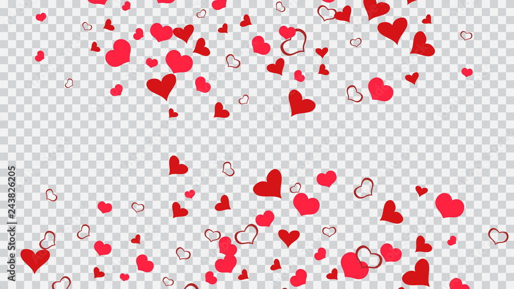 Red hearts of confetti are falling. The idea of wallpaper design, textiles, packaging, printing, holiday invitation for Valentine's Day. Red on Transparent background Vector. Stylish background.