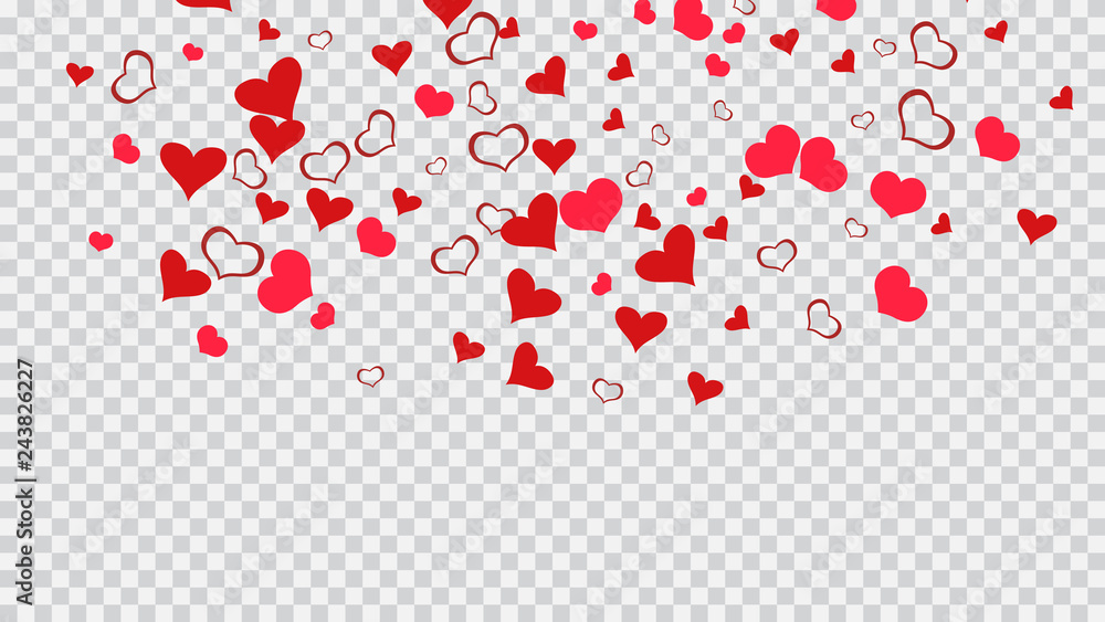 Red on Transparent background Vector. Part of the design of wallpaper, textiles, packaging, printing, holiday invitation for Valentine's Day. Spring background. Red hearts of confetti crumbled.