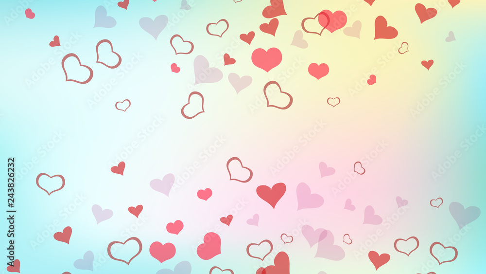 Red hearts of confetti are flying. Red on Gradient fond Vector. Festive background. The idea of wallpaper design, textiles, packaging, printing, holiday invitation for birthday.