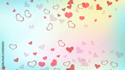 Red hearts of confetti are flying. Red on Gradient fond Vector. Festive background. The idea of wallpaper design, textiles, packaging, printing, holiday invitation for birthday.
