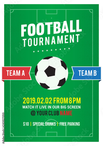 Football Tournament flyer vector illustration. Soccer ball on football pitch background. Vintage design. © Farosofa