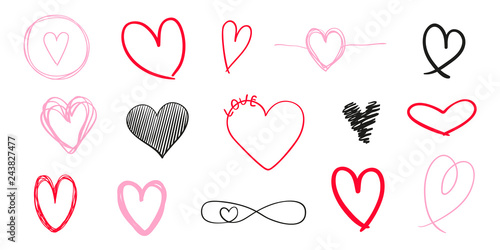 Multicolored trendy hearts on isolated white background. Hand drawn set of love signs. Unique abstract signs for design. Line art creation. Colored illustration. Elements for poster or flyer