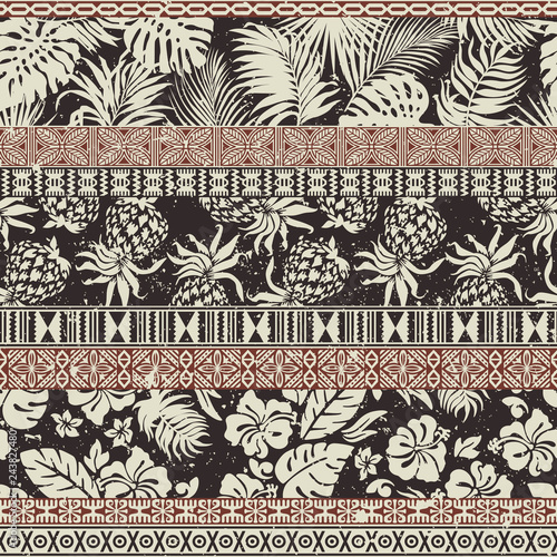 Hawaiian style wallpaper with hibiscus plant and tribal symbol vector seamless pattern